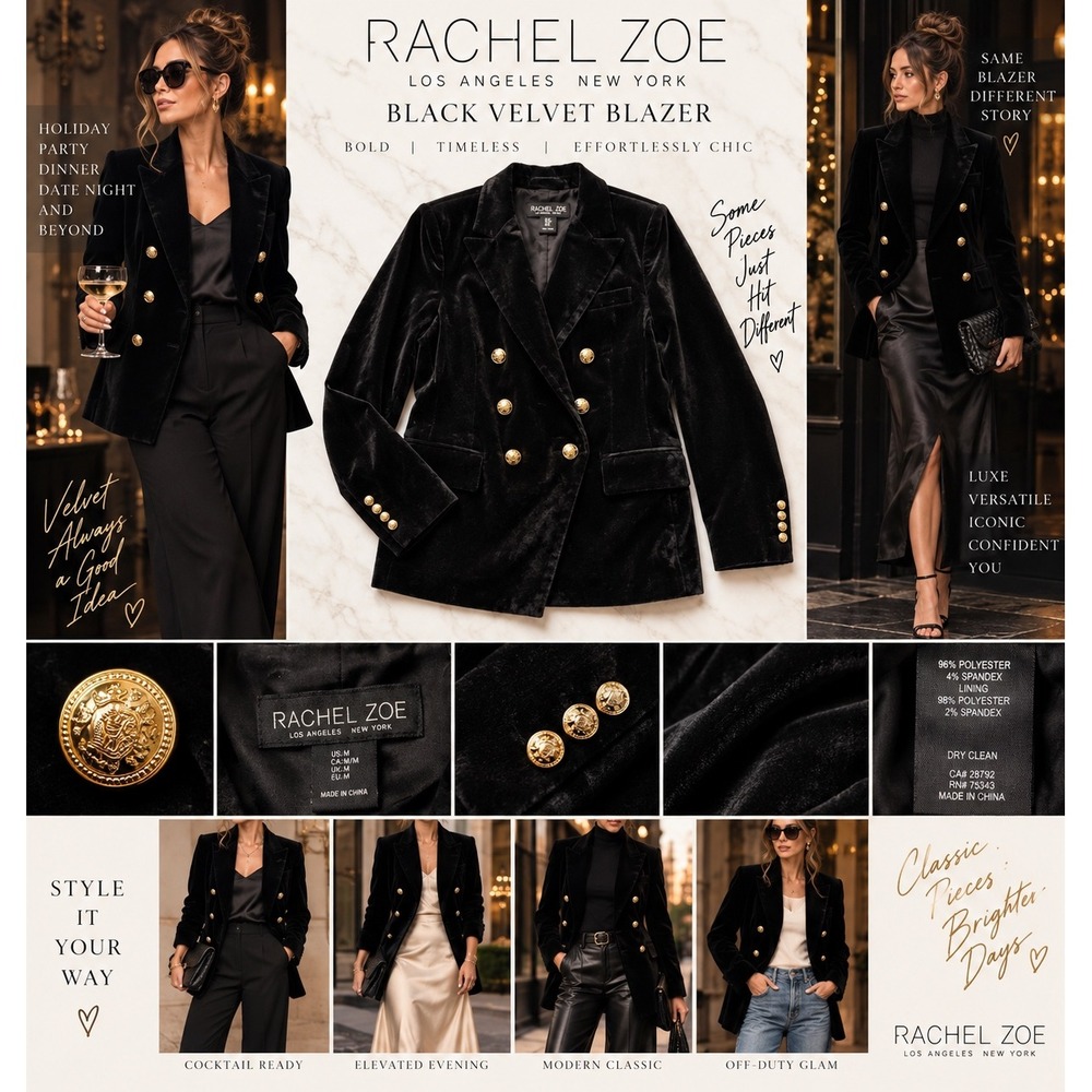 Rachel Zoe Black Velvet Blazer M Double Breasted Gold Crest Button Tuxedo Jacket